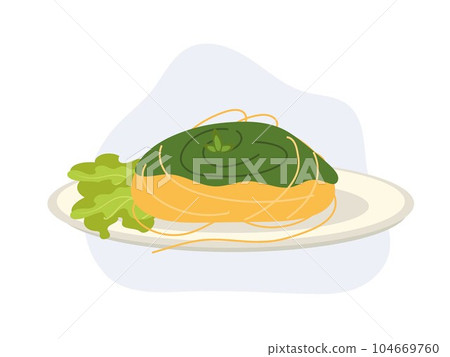 Spaghetti in pesto sauce. Flat vector cartoon illustration 104669760
