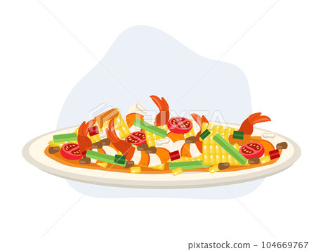 Papaya salad with corn or 'Som Tum Kao Pod' with cooked shrimp. Thai style. Sweet corn spicy Thai food. Flat vector cartoon illustration Papaya salad with corn or 'Som Tum Kao Pod' with cooked shrimp. Thai style. Sweet corn spicy Thai food. Flat vector cartoon illustration 104669767