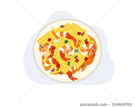 spicy cooked shrimp salad with corn. Thai food, Seafood.  Top view. Flat vector cartoon illustrtion 104669768