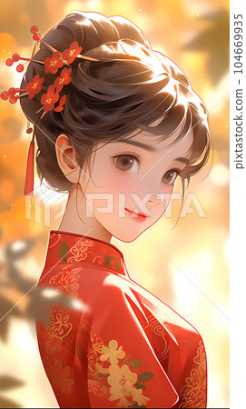 手绘卡通唯美穿旗袍的中国女孩插画 104669935