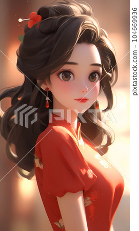 手绘卡通唯美穿旗袍的中国女孩插画 手绘卡通唯美穿旗袍的中国女孩插画 104669936