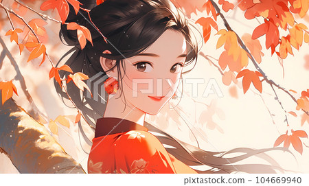 手绘卡通唯美穿旗袍的中国女孩插画 104669940