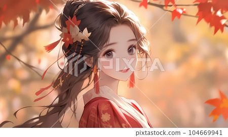 手绘卡通唯美穿旗袍的中国女孩插画 104669941