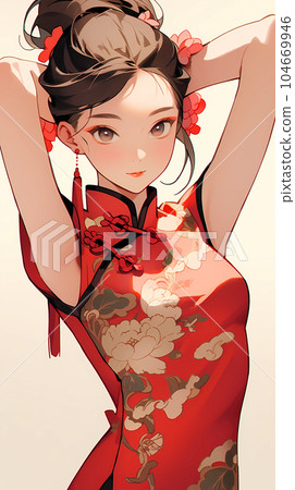手绘卡通唯美穿旗袍的中国女孩插画 手绘卡通唯美穿旗袍的中国女孩插画 104669946