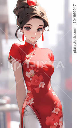 hand drawn cartoon beautiful illustration of chinese girl wearing cheongsam 104669947