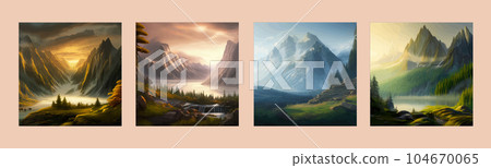 Forest and mountains river landscape vector. Foggy cloudy day vector 104670065