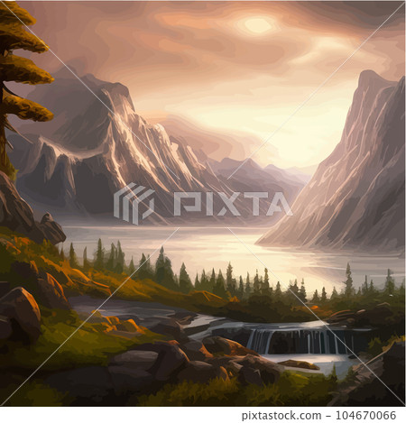 Forest and mountains river landscape vector. Foggy cloudy day vector 104670066