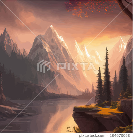 Forest and mountains river landscape vector. Foggy cloudy day vector 104670068