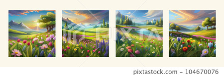 Banner set Field spring wild flowers against backdrop mountains lit by morning 104670076