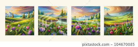 Banner set Field spring wild flowers against backdrop mountains lit by morning 104670085