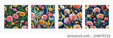 Banner pattern with spring flowers and leaves. Dark drawn background. Floral Banner pattern with spring flowers and leaves. Dark drawn background. Floral 104670138