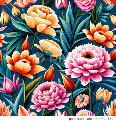 Colorful flower and leaf pattern. Vector illustration. Dark background. Perfect 104670139