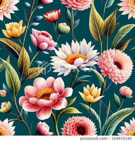 Colorful flower and leaf pattern. Vector illustration. Dark background. Perfect 104670140