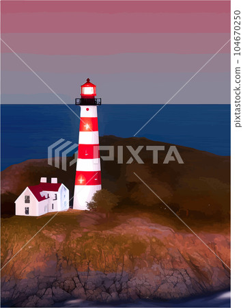 Vector illustration lighthouse in night sea. Lighthouse by sea with mountains Vector illustration lighthouse in night sea. Lighthouse by sea with mountains 104670250