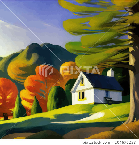 Autumn Landscape with small House, Tree, bush and footpath yellow trees against Autumn Landscape with small House, Tree, bush and footpath yellow trees against 104670258