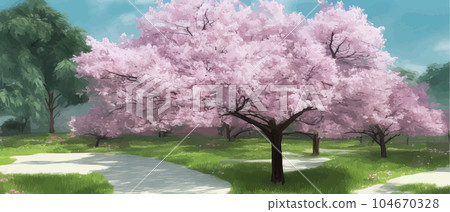 Blooming flowers or sakura, cherry tree view isolated on background Blooming flowers or sakura, cherry tree view isolated on background 104670328