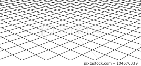 Diagonal flat wireframe grid. Checkered tile floor landscape. Horizontal chessboard plane in perspective. Black and white lattice surface background. Vector illustration  104670339