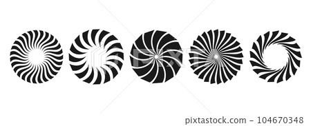 Curled sunburst circles collection. Stylized radial spinning elements. Black and white geometric round twisted rays, beams or stars pack. Vector concept for banner, badge, sticker, poster Curled sunburst circles collection. Stylized radial spinning elements. Black and white geometric round twisted rays, beams or stars pack. Vector concept for banner, badge, sticker, poster 104670348