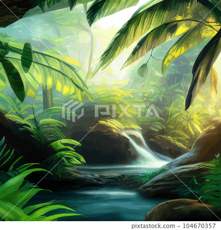 Tropical botanical landscape vector illustration, with waterfalls and palm Tropical botanical landscape vector illustration, with waterfalls and palm 104670357