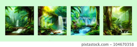 Jungle waterfall vector illustration. Fantasy mystical fauna. Tropical forest Jungle waterfall vector illustration. Fantasy mystical fauna. Tropical forest 104670358