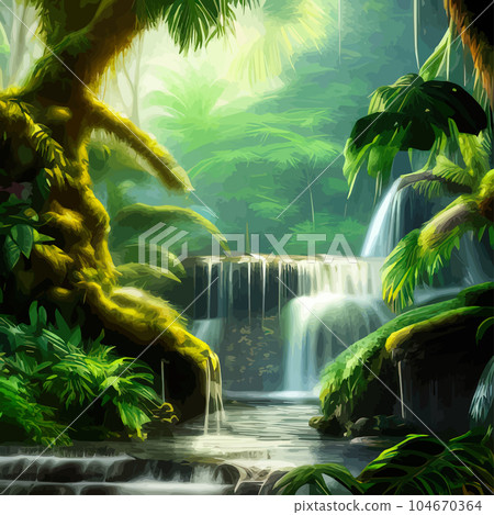 Tropical botanical landscape vector illustration, with waterfalls and palm Tropical botanical landscape vector illustration, with waterfalls and palm 104670364