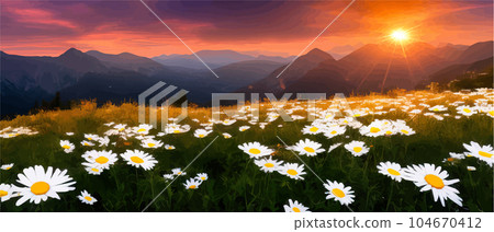 Vector illustration white chamomile flowers and grass on hills, against 104670412