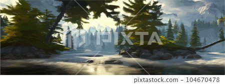 Mountain landscape with stormy river with forest vector illustration. Cartoon flat countryside 104670478