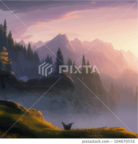 Mountains and lake Landscape. Cartoon rocky mountains, forest and river scene. Mountains and lake Landscape. Cartoon rocky mountains, forest and river scene. 104670558