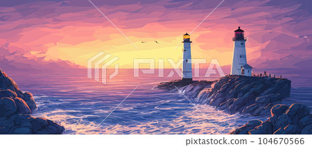 Lighthouse by sea. Tall building on hill and beautiful scenery. 104670566