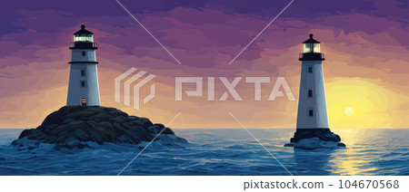 Lighthouse by sea. Tall building on hill and beautiful scenery. 104670568