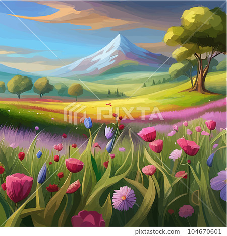 Picturesque meadow with wildflowers in bloom and mountain range in background 104670601