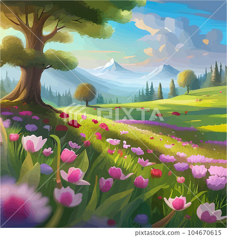 Picturesque meadow with wildflowers in bloom and mountain range in background Picturesque meadow with wildflowers in bloom and mountain range in background 104670615