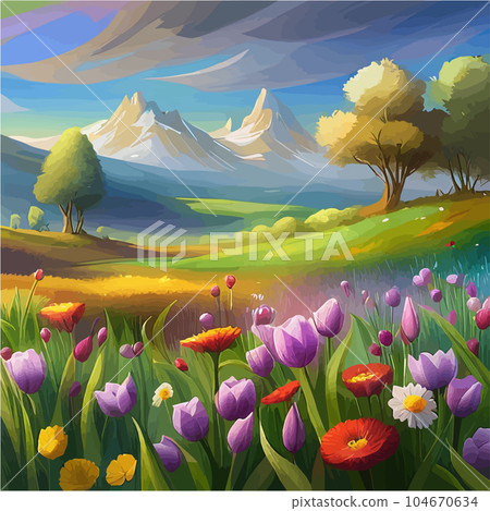 Picturesque meadow with wildflowers in bloom and mountain range in background 104670634