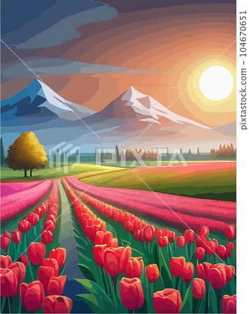 Stunning scenery, beautiful field reds tulips that stretches to horizon. Vector 104670651
