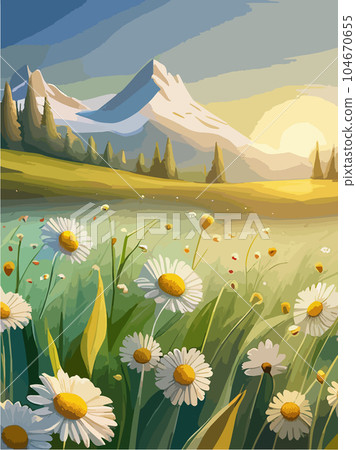 Spring landscape field white daisies blue sky and cloud in Sunny day, Panorama 104670655