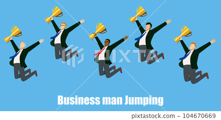 Flat illustration set of multi-ethnic male businessmen holding trophies in business suits jumping 104670669