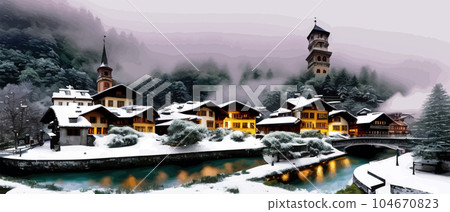 Old historical fictional design stone bridge across the river with old town 104670823