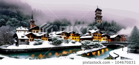 Old historical fictional design stone bridge across the river with old town Old historical fictional design stone bridge across the river with old town 104670831