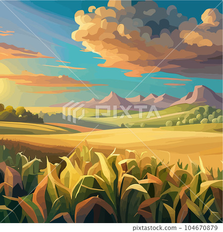 Cornfield landscape Vector illustration cartoon landscape with tall corn stems Cornfield landscape Vector illustration cartoon landscape with tall corn stems 104670879