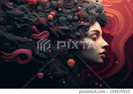 Abstract woman with porcelain skin, black hair and pink elements AI Abstract woman with porcelain skin, black hair and pink elements AI 104670932