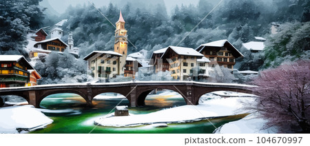 Old historical fictional design stone bridge across the river with old town Old historical fictional design stone bridge across the river with old town 104670997