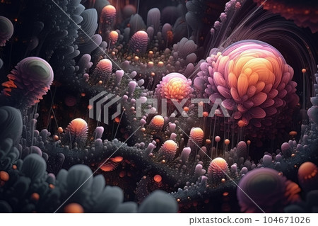 Abstract 3D background futuristic artificial flower and balls surrounded by lines AI Abstract 3D background futuristic artificial flower and balls surrounded by lines AI 104671026