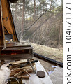 Forest scenery seen from inside a tent with a wood stove and firewood 104671171