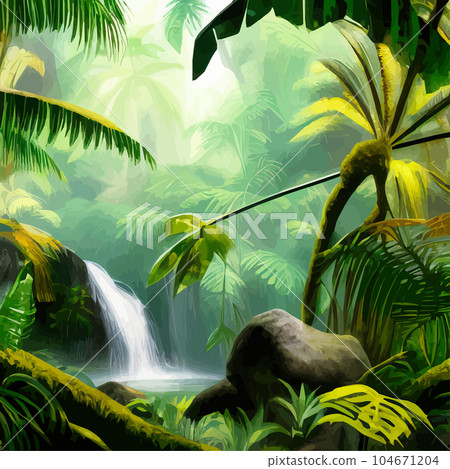 Tropical botanical landscape vector illustration, with waterfalls and palm 104671204