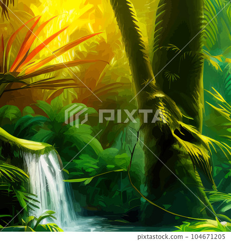 Tropical forest. Landscape with waterfall and river with tree trunks and green Tropical forest. Landscape with waterfall and river with tree trunks and green 104671205