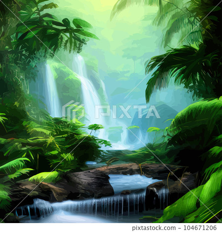 Tropical forest. Landscape with waterfall and river with tree trunks and green 104671206