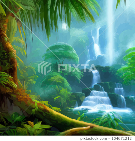 Tropical forest. Landscape with waterfall and river with tree trunks and green Tropical forest. Landscape with waterfall and river with tree trunks and green 104671212
