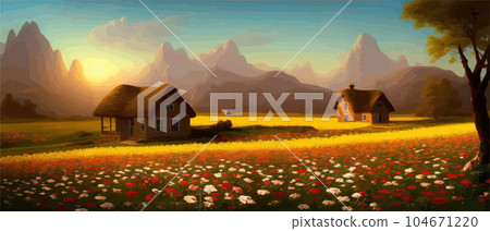 Summer country landscape with a field of flowers and farm and mountains Summer country landscape with a field of flowers and farm and mountains 104671220