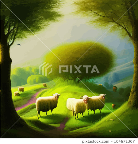 Herd happy smiling sheep grazing in meadow. Summer landscape with green hills Herd happy smiling sheep grazing in meadow. Summer landscape with green hills 104671307
