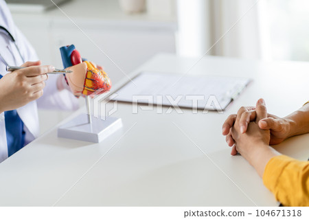 Cardiology Consultation treatment of heart disease. Doctor cardiologist while consultation showing anatomical model of human heart with aged patient talking about heart diseases. 104671318